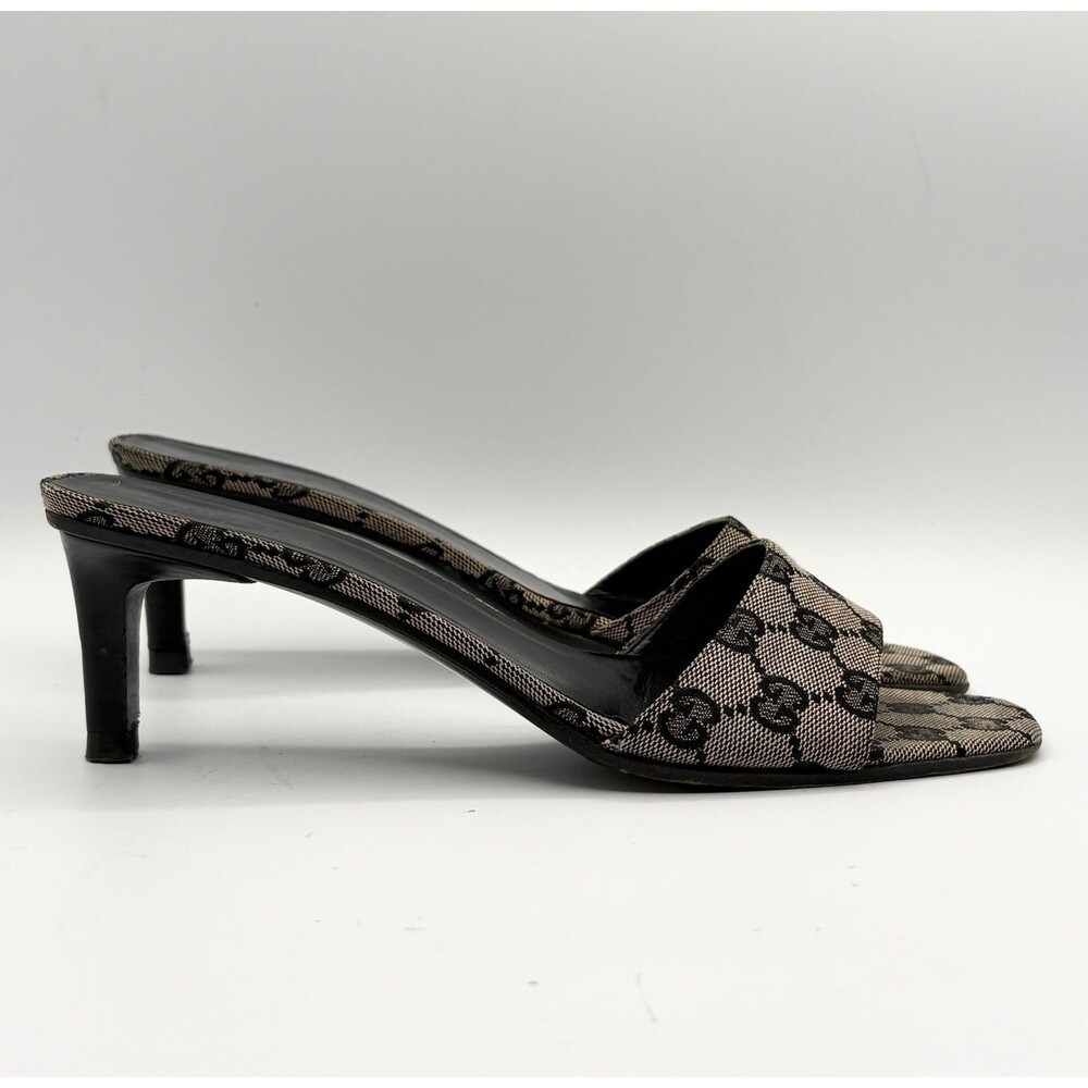 Gucci Monogram Canvas Kitten Heels Grey/Black Vintage Mules Y2K Sz US 8.5 - Picture 2 of 12